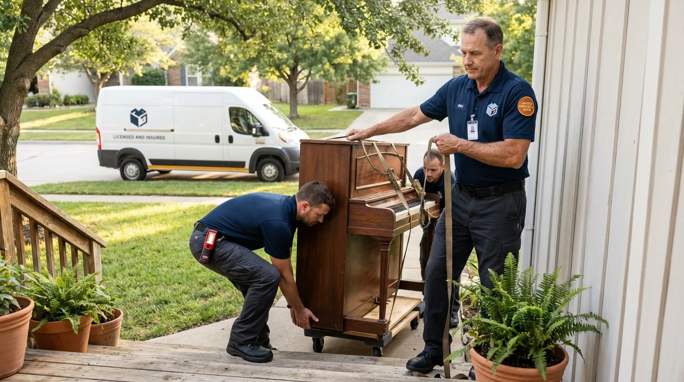 Licensed piano movers securing grand piano in New Matamoras, OH