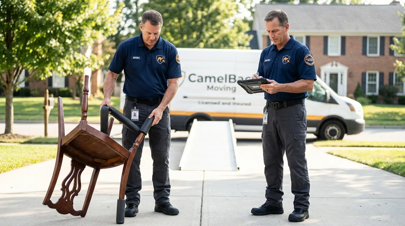 Movers inspecting furniture for damage prevention before loading in New Matamoras, OH